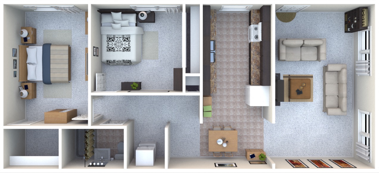 Floor plan for 2 beds, 1 bath, 836 sqft